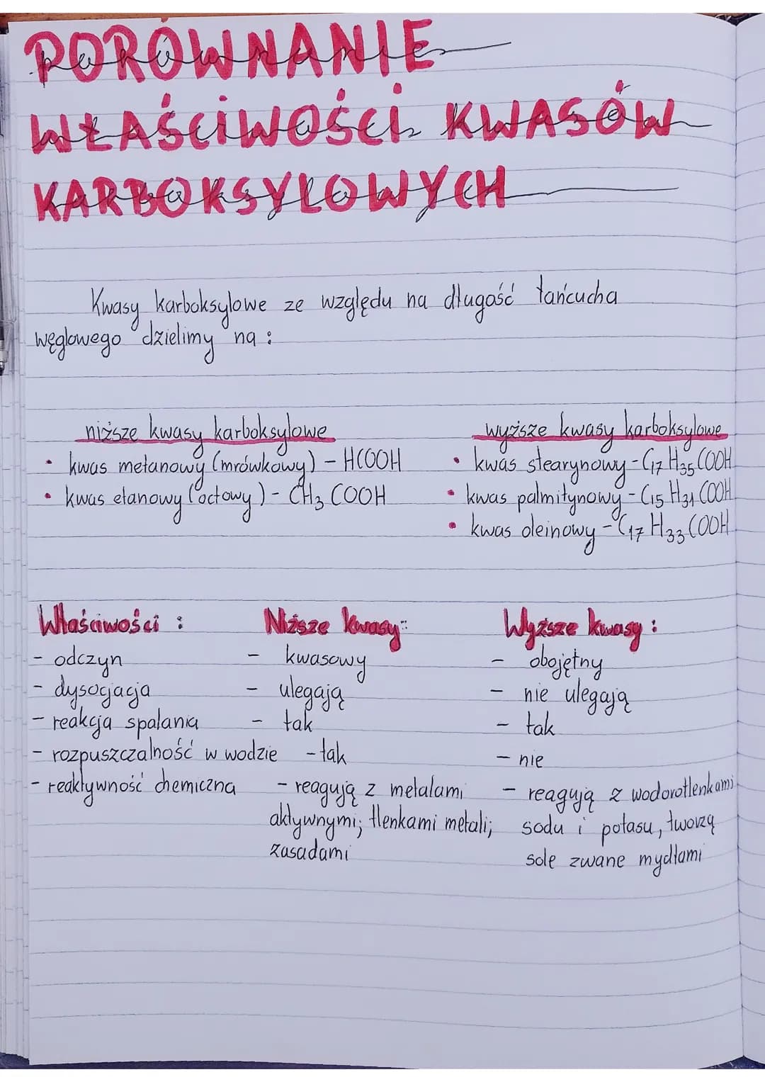 # PORÓWNANIE
# WŁAŚCIWOŚCI KWASÓW
# KARBOKSYLOWYCH

Kwasy karboksylowe ze względu na długość tańcucha
węglowego dzielimy na:

niższe kwasy k