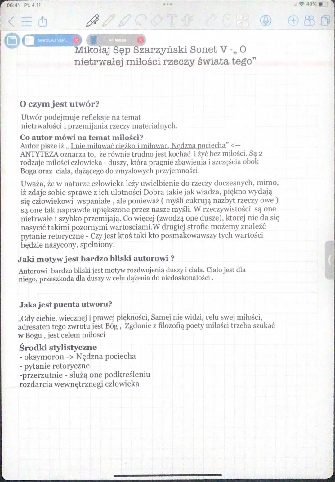 Sonet V Mikołaj Sęp Szarzyński