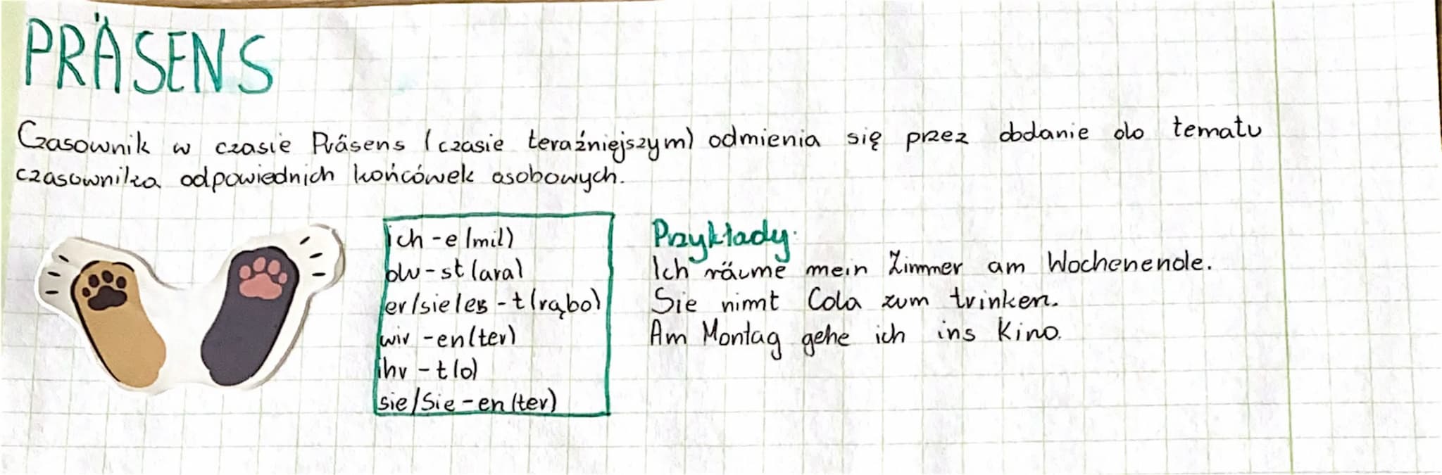 PRASENS
Gasownik
w czasie Präsens (czasie teraźniejszym) odmienia się przez dodanie do tematu
czasownilza odpowiednich końcówek asobowych.
c