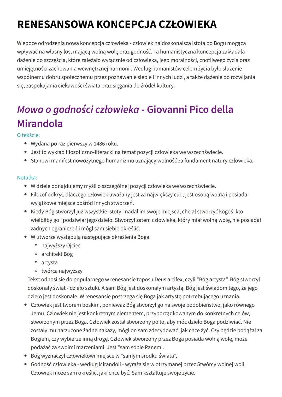 RENESANSOWA KONCEPCJA CZŁOWIEKA
W epoce odrodzenia nowa koncepcja człowieka - człowiek najdoskonalszą istotą po Bogu mogącą
wpływać na własn