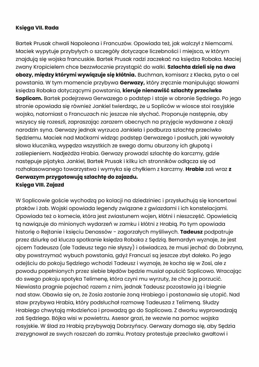 Plan wydarzeń:
Księga V: Kłótnia
37. Telimena przedstawia Zosię w towarzystwie.
38. Tadeusz odkrywa swoją pomyłkę, dotyczącą Telimeny i Zosi