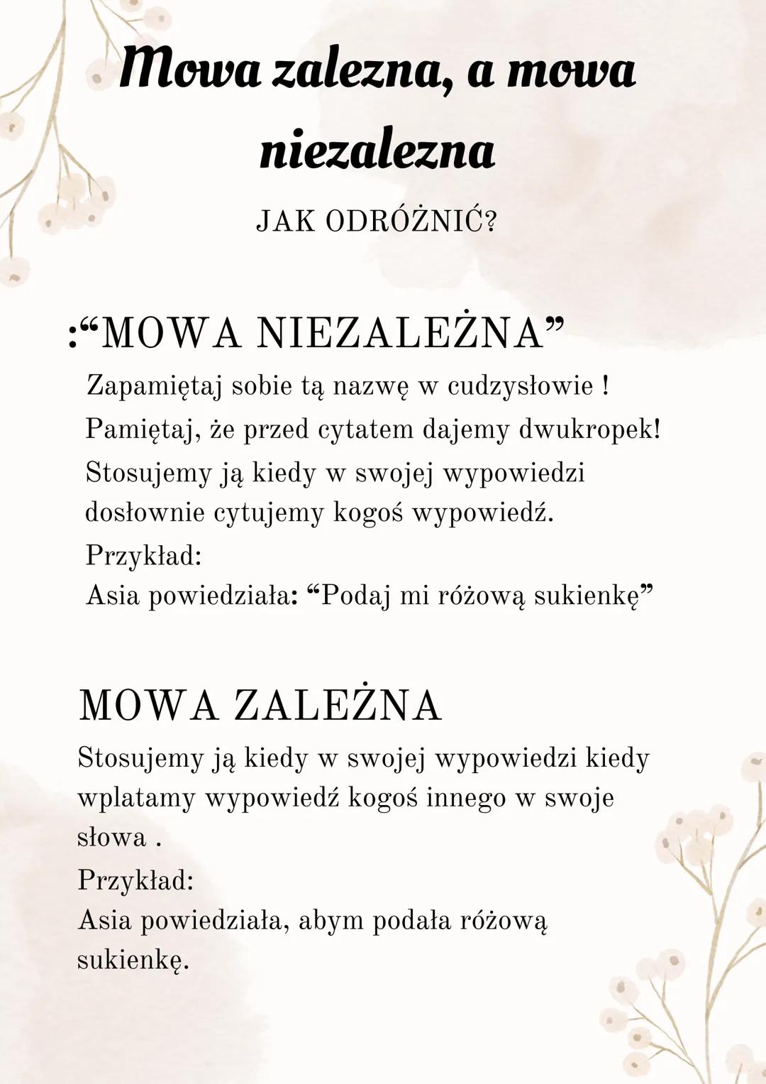 --- OCR Start ---
Mowa zalezna, a mowa
niezalezna
JAK ODRÓŻNIĆ?
:"MOWA NIEZALEŻNA"
Zapamiętaj sobie tą nazwę w cudzysłowie !
Pamiętaj, że pr