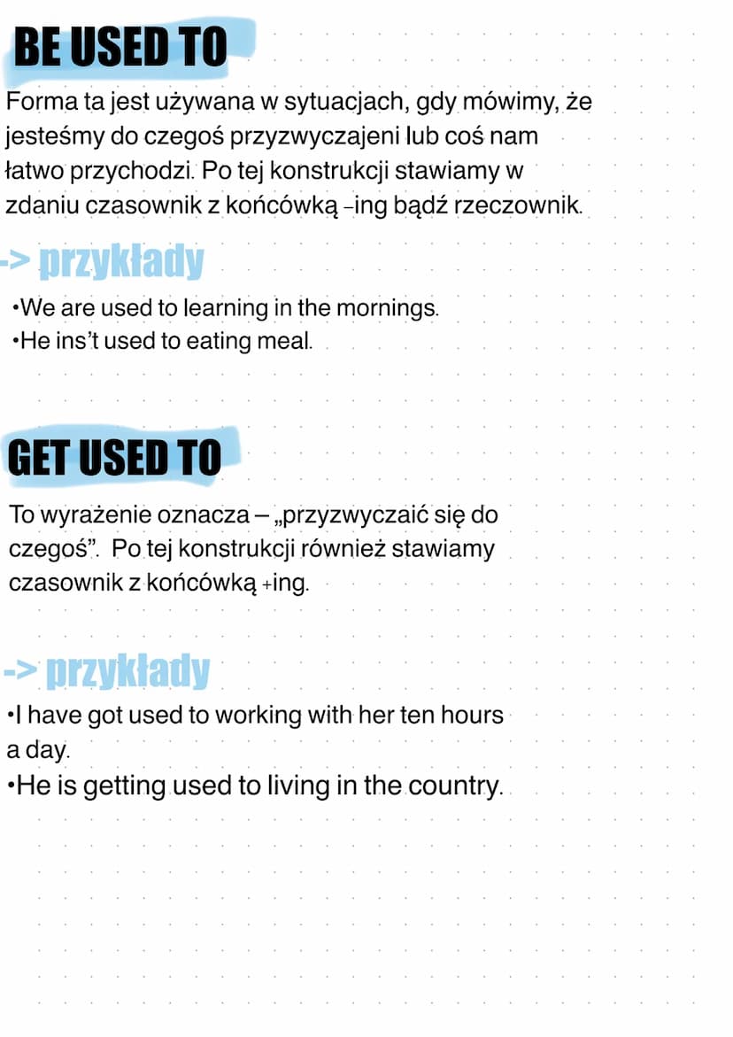 ANGIELSKI-used to
-> zastosowanie
Gdy chcemy powiedzieć o czynnościach lub sytuacjach
które miały miejsce w przeszłości i nie trwają do dzis