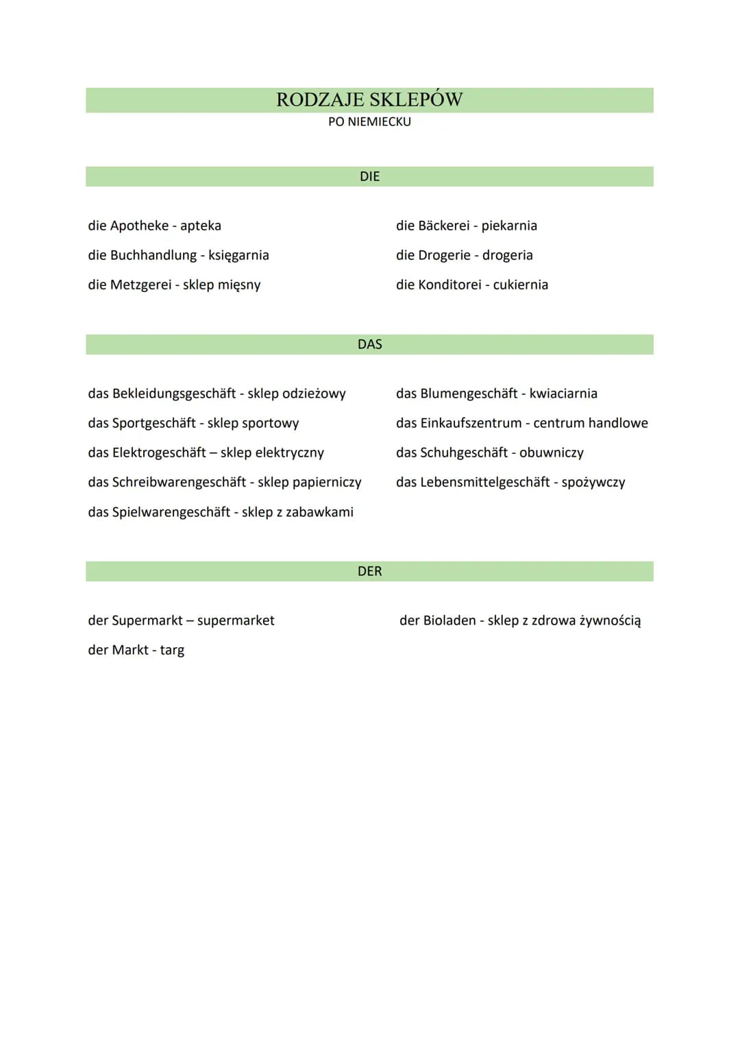 die Apotheke - apteka
die Buchhandlung - księgarnia
die Metzgerei - sklep mięsny
RODZAJE SKLEPÓW
PO NIEMIECKU
der Supermarkt - supermarket
d