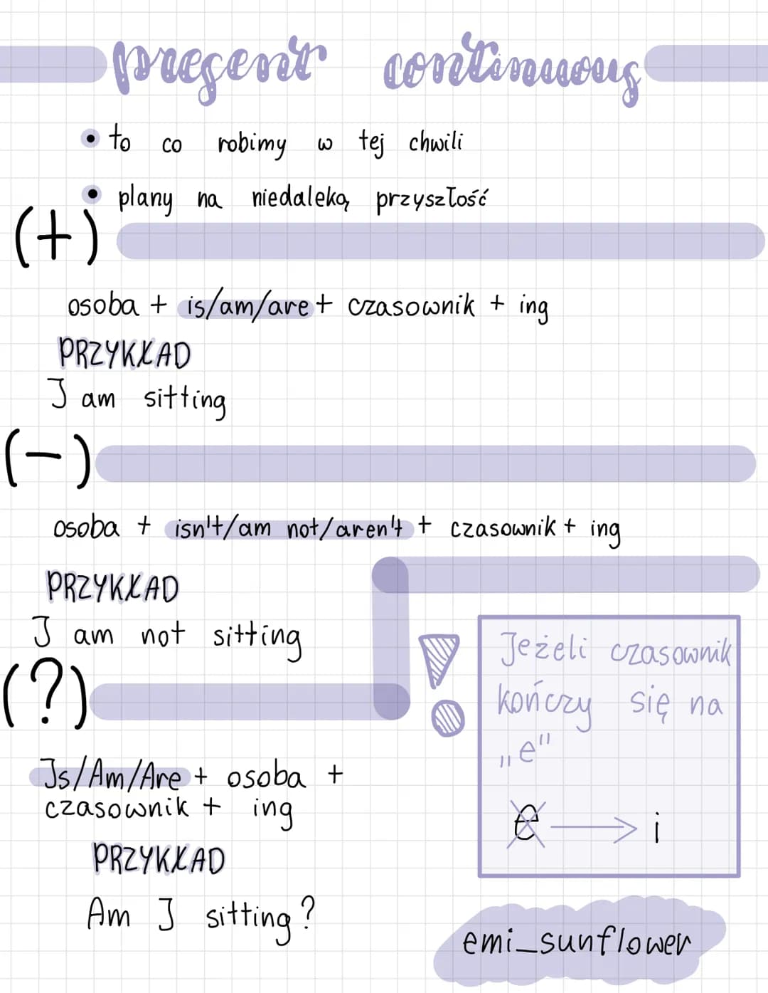 (+)
present continuous
Со robimy w tej chwili
plany na niedaleką przyszłość
to
osoba + is/am/are + czasownik + ing
PRZYKXAD
Jam sitting
(?)
