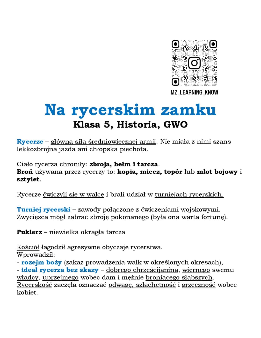 Na rycerskim zamku, Klasa 5, Historia, GWO