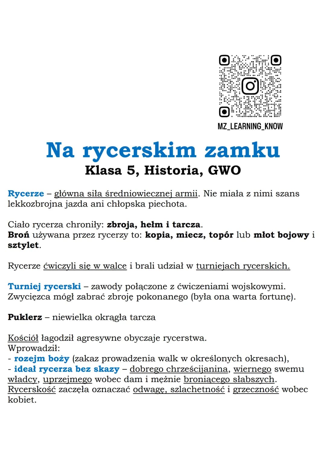 MZ_LEARNING KNOW
Na rycerskim zamku
-
Klasa 5, Historia, GWO
Rycerze główna siła średniowiecznej armii. Nie miała z nimi szans
lekkozbrojna 