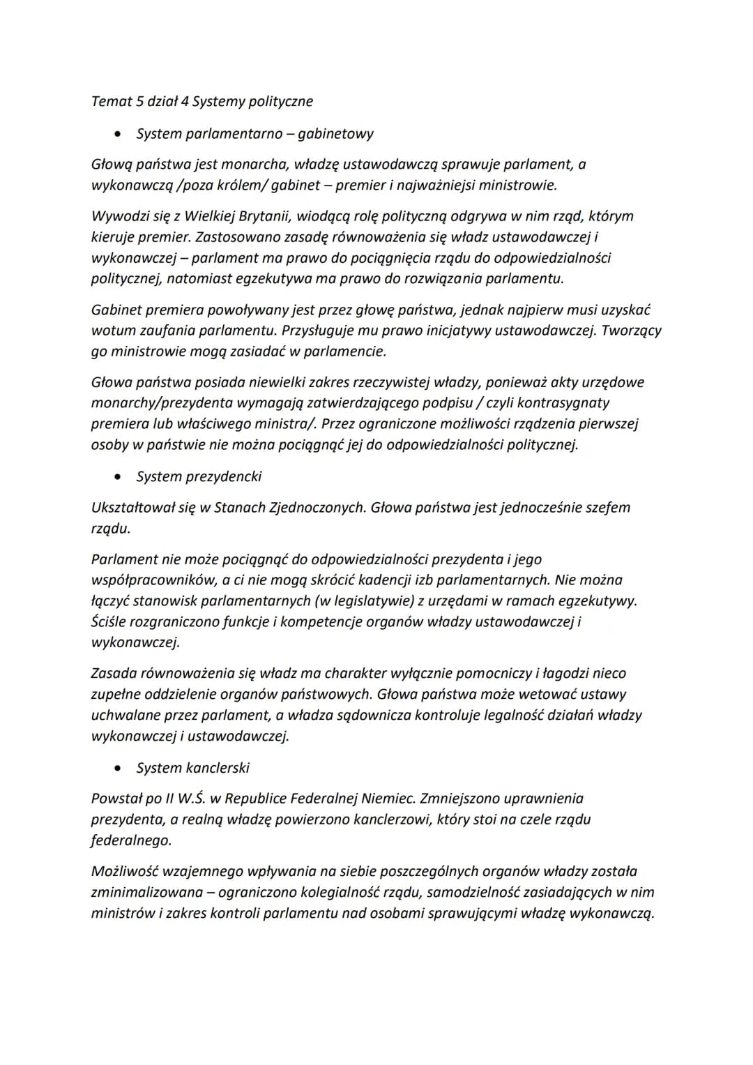 Temat 5 dział 4 Systemy polityczne
System
Głową państwa jest monarcha, władzę ustawodawczą sprawuje parlament, a
wykonawczą/poza królem/gabi