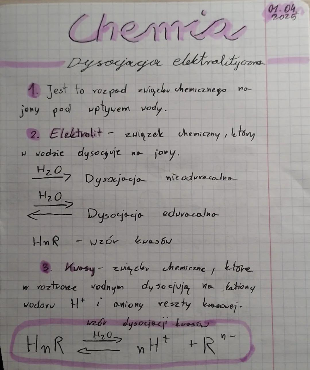 --- OCR Start ---
Chemis
Dysocjacja elektralityczna
1. Jest to rozpod związku chemicznego
jony pod wpływem wody.
no
2. Elektrolit - związek 