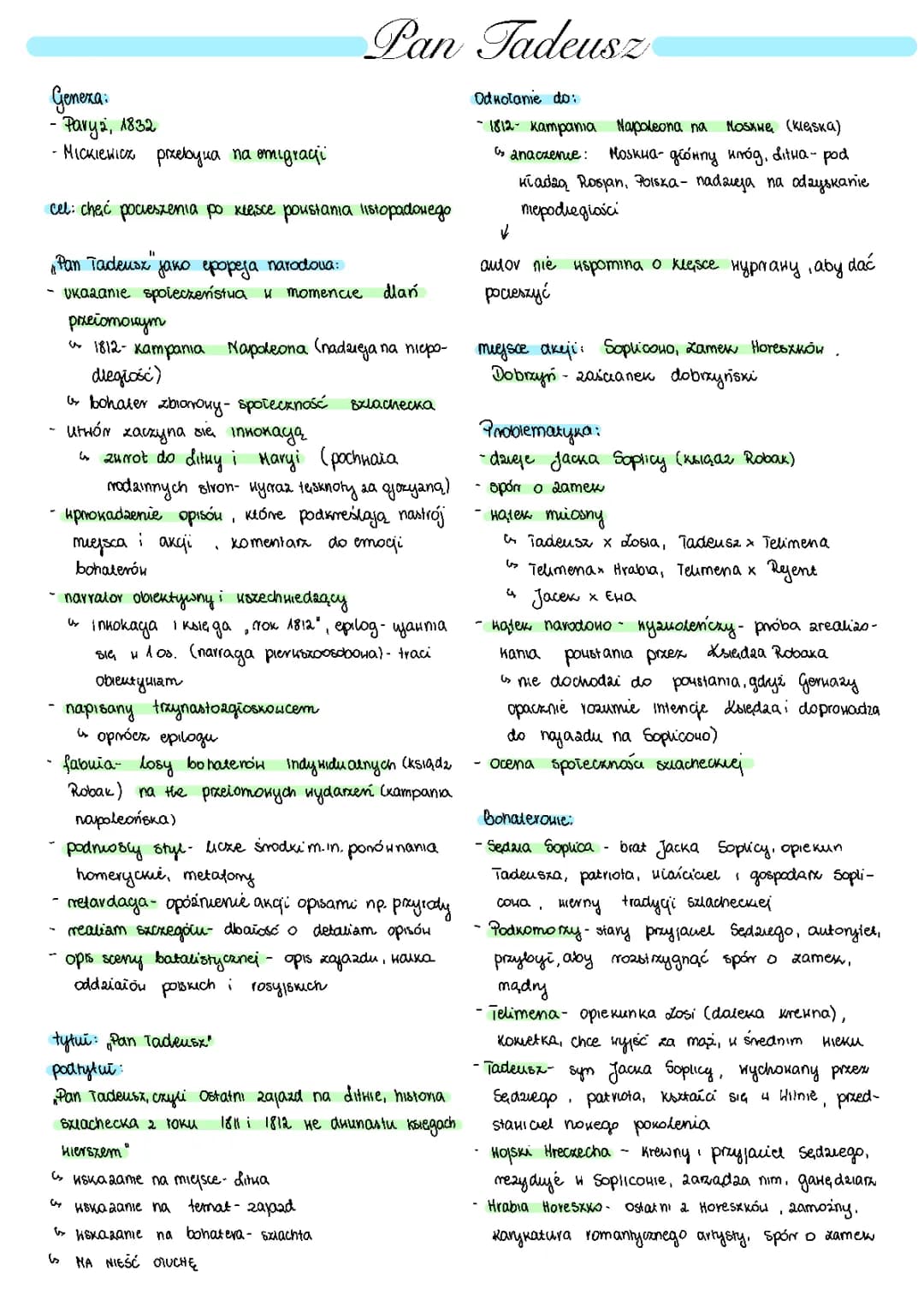 Pan Tadeusz - notatki do matury PDF, streszczenie i najważniejsze informacje