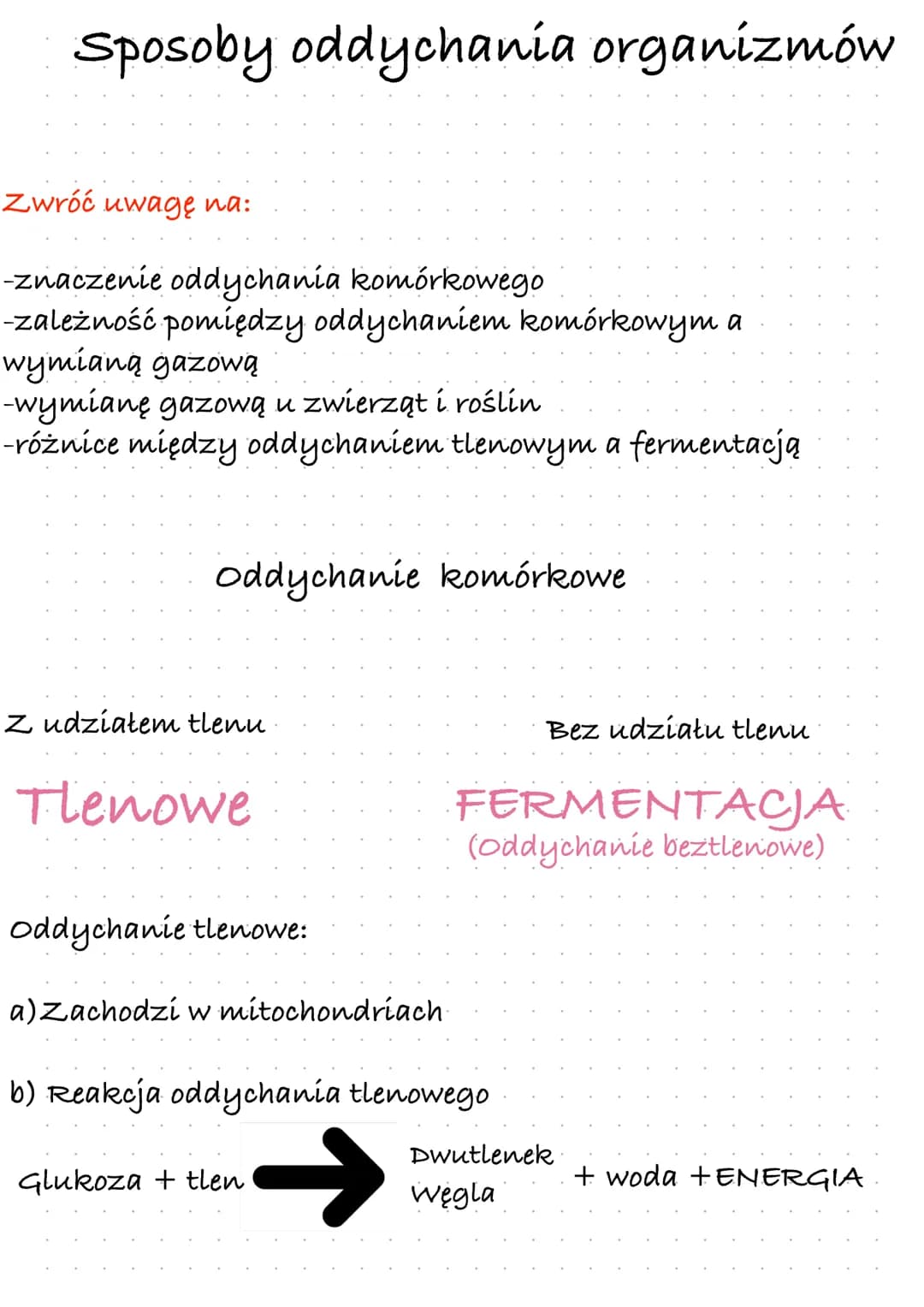 Sposoby oddychania organizmów
Zwróć uwagę na:
-znaczenie oddychania komórkowego
-zależność pomiędzy oddychaniem komórkowym a
wymianą gazową

