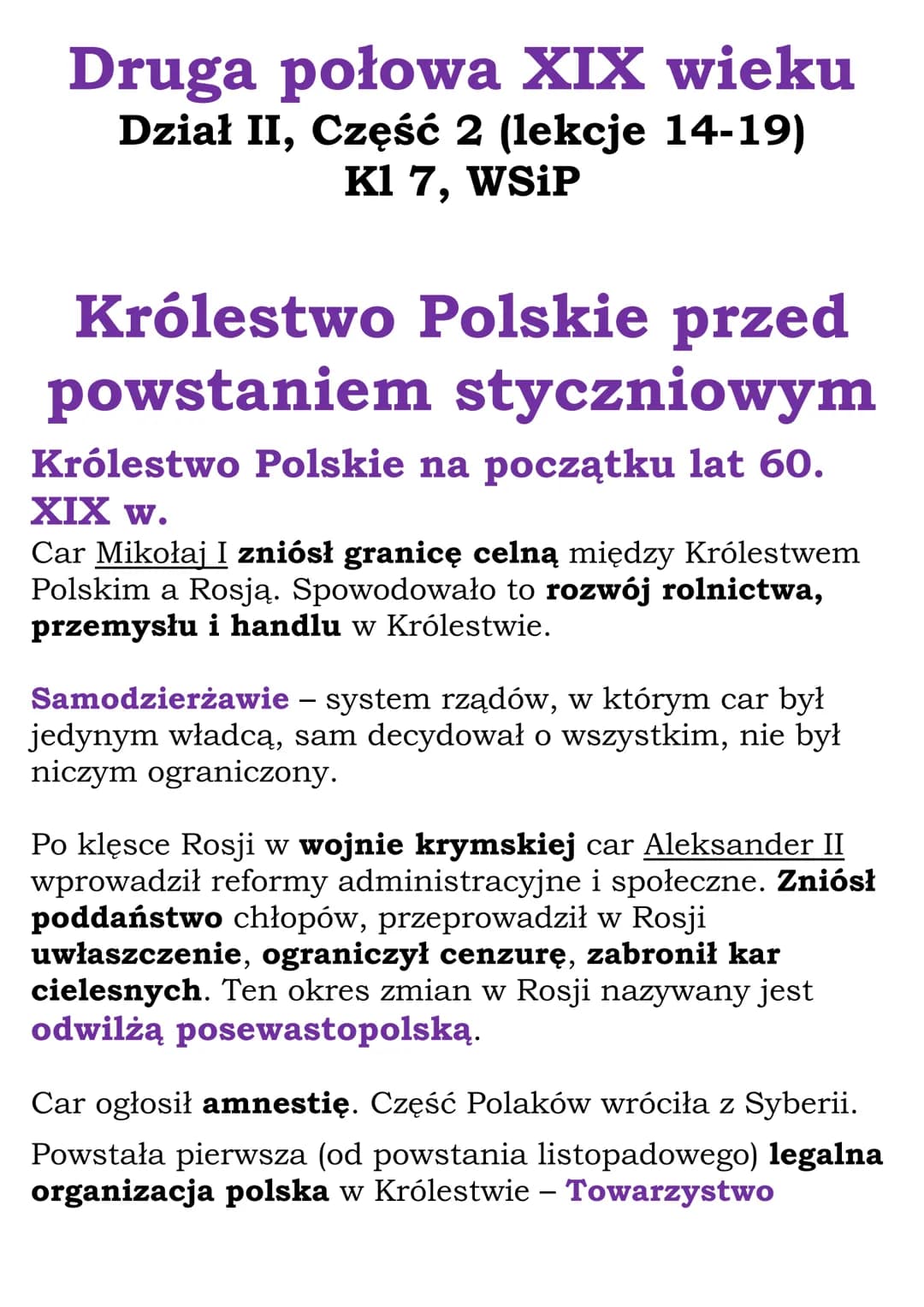 Druga połowa XIX wieku
Dział II, Część 2 (lekcje 14-19)
Kl 7, WSiP
Królestwo Polskie przed
powstaniem styczniowym
Królestwo Polskie na począ