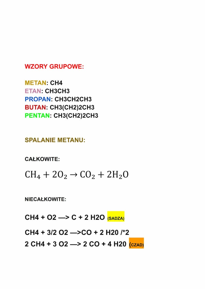 ALKANY
WZORY SUMARYCZNE
CH4 ΜΕΤΑΝ
C2H6 ΕΤΑΝ
C3H8 PROPAN
C4H10 BUTAN
C5H12 PENTAN
WZORY STRUKTURALNE
METAN:
H
H-C-H
H
ETAN:
HH
H-C-C-H
I
HH
P
