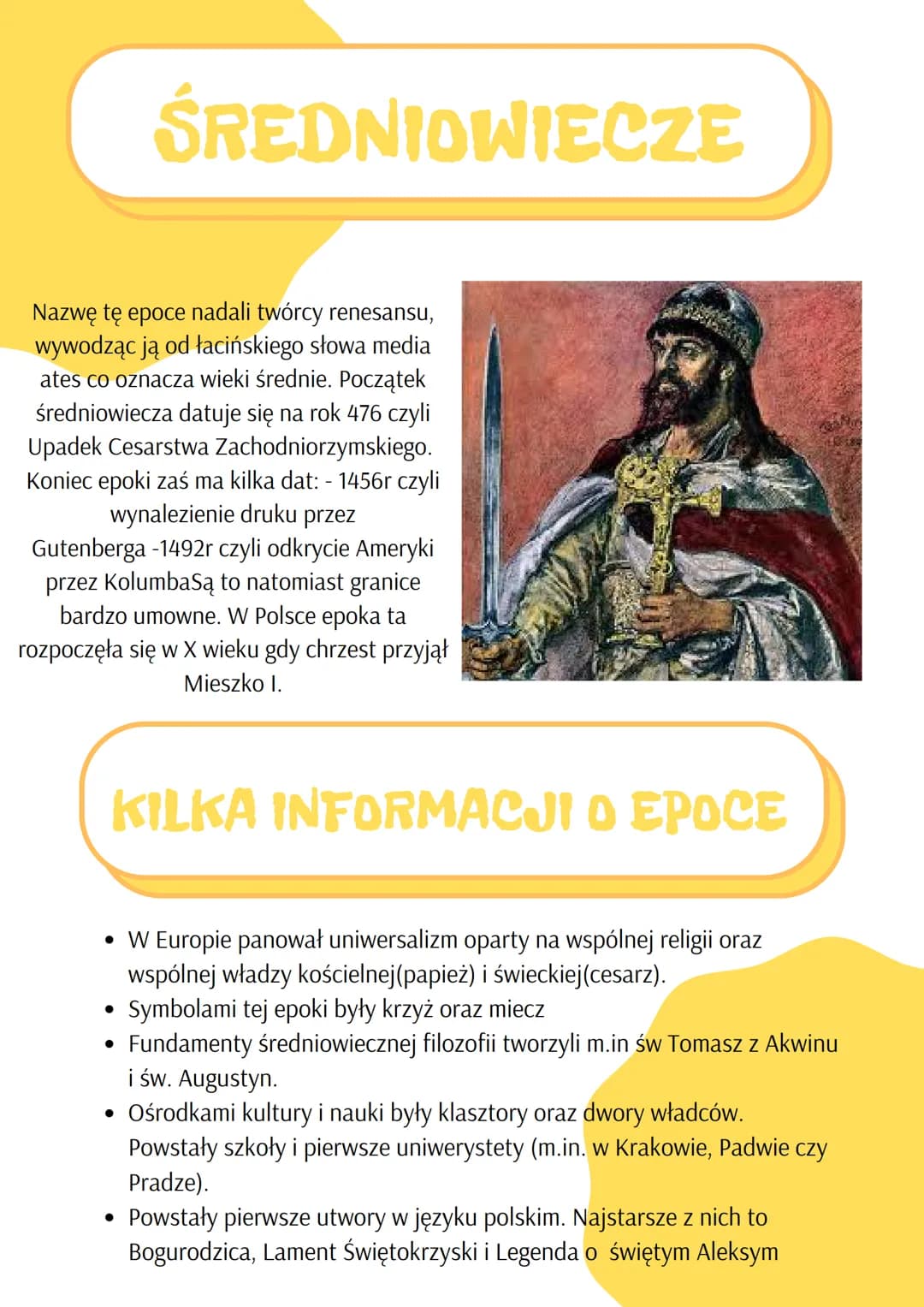 ŚREDNIOWIECZE
Nazwę tę epoce nadali twórcy renesansu,
wywodząc ją od łacińskiego słowa media
ates co oznacza wieki średnie. Początek
średnio