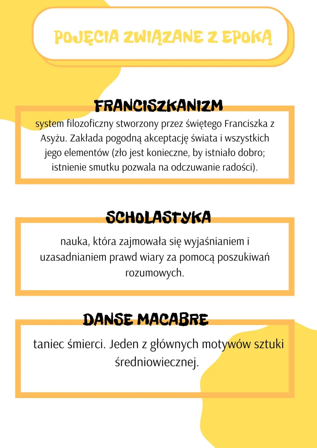 ŚREDNIOWIECZE
Nazwę tę epoce nadali twórcy renesansu,
wywodząc ją od łacińskiego słowa media
ates co oznacza wieki średnie. Początek
średnio