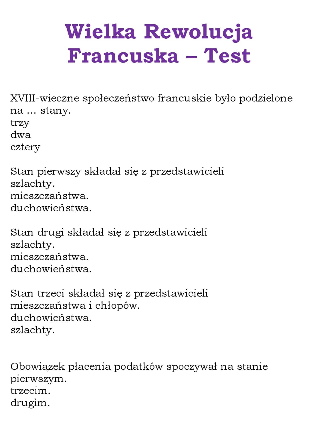 Wielka Rewolucja Francuska – Test