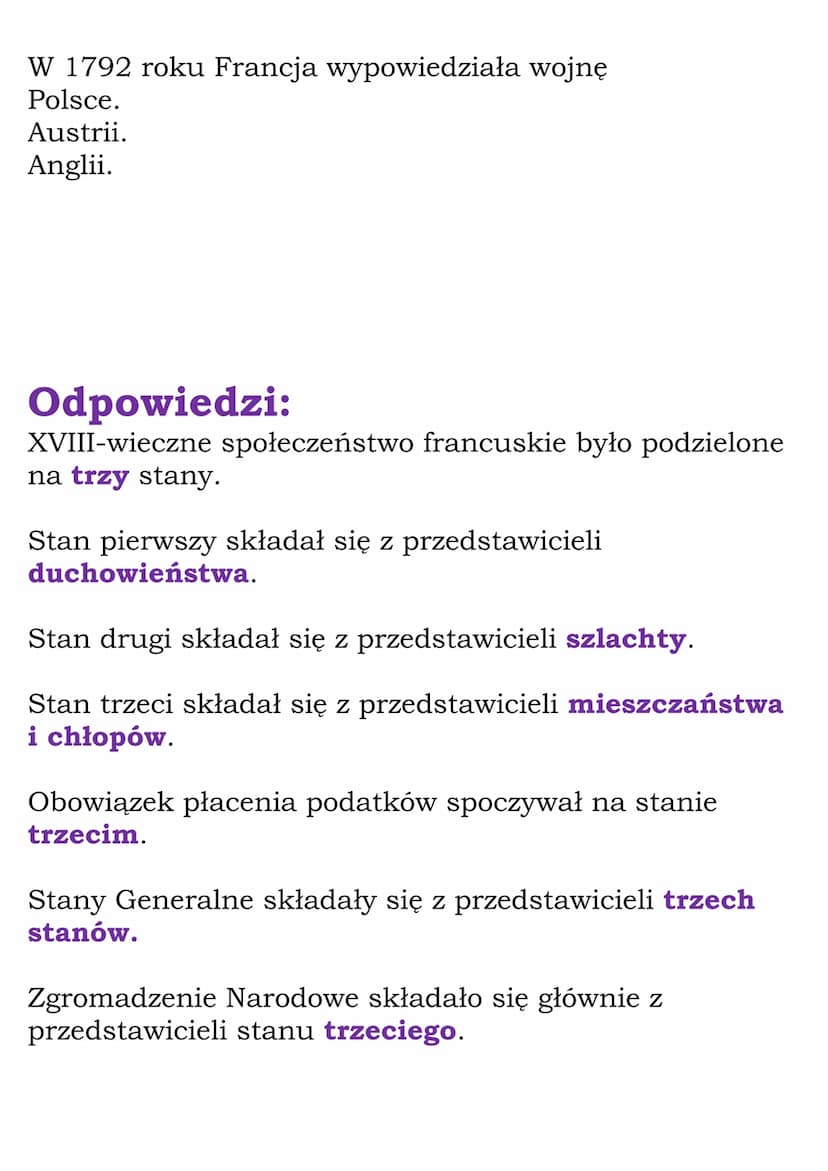 Wielka Rewolucja
Francuska - Test
XVIII-wieczne społeczeństwo francuskie było podzielone
na stany.
trzy
dwa
cztery
Stan pierwszy składał się