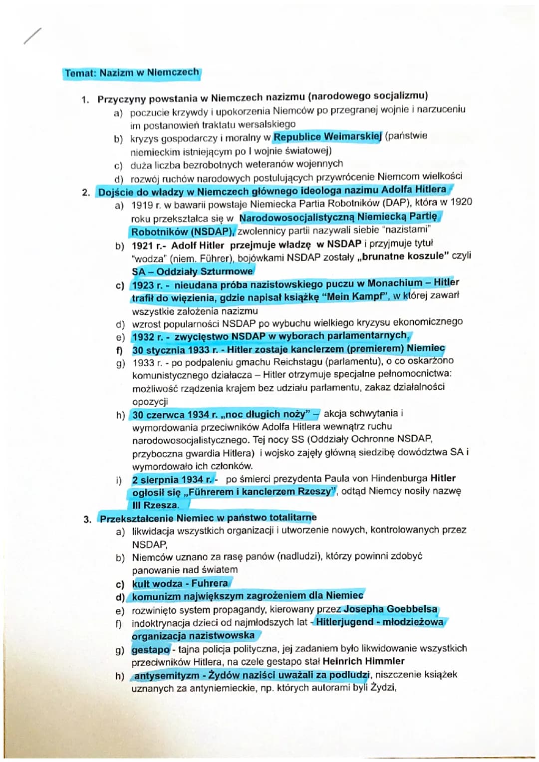Temat: Nazizm w Niemczech
1. Przyczyny powstania w Niemczech nazizmu (narodowego socjalizmu)
a) poczucie krzywdy i upokorzenia Niemców po pr