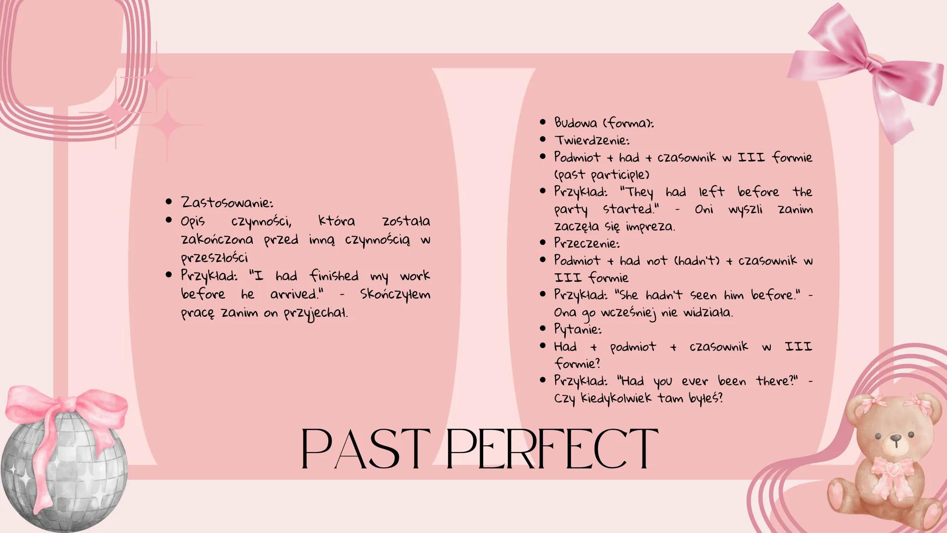 • Zastosowanie:
• Opis czynności, która została
zakończona przed inną czynnością w
przeszłości
• Przykład: "I had finished my work
before he