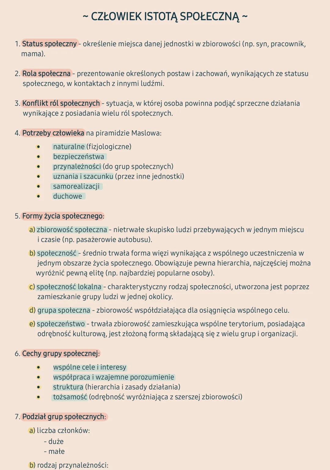 ~CZŁOWIEK ISTOTĄ SPOŁECZNĄ ~
1. Status społeczny - określenie miejsca danej jednostki w zbiorowości (np. syn, pracownik,
mama).
2. Rola społ
