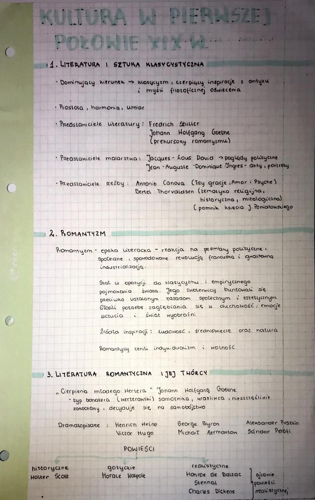O
KULTURA W PIERWSZEJ
POŁOWIE XIX.
1. LITERATURA I SZTUKA KLASYCYSTYCZNA
- Dominujący kierunek → klasycyzm, czerpiący inspiracje z antyku
i 