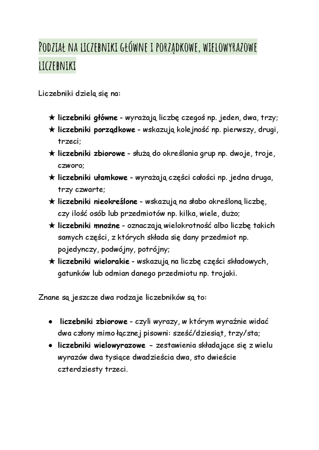 Podział na liczebniki główne i porządkowe, wielowyrazowe liczebniki