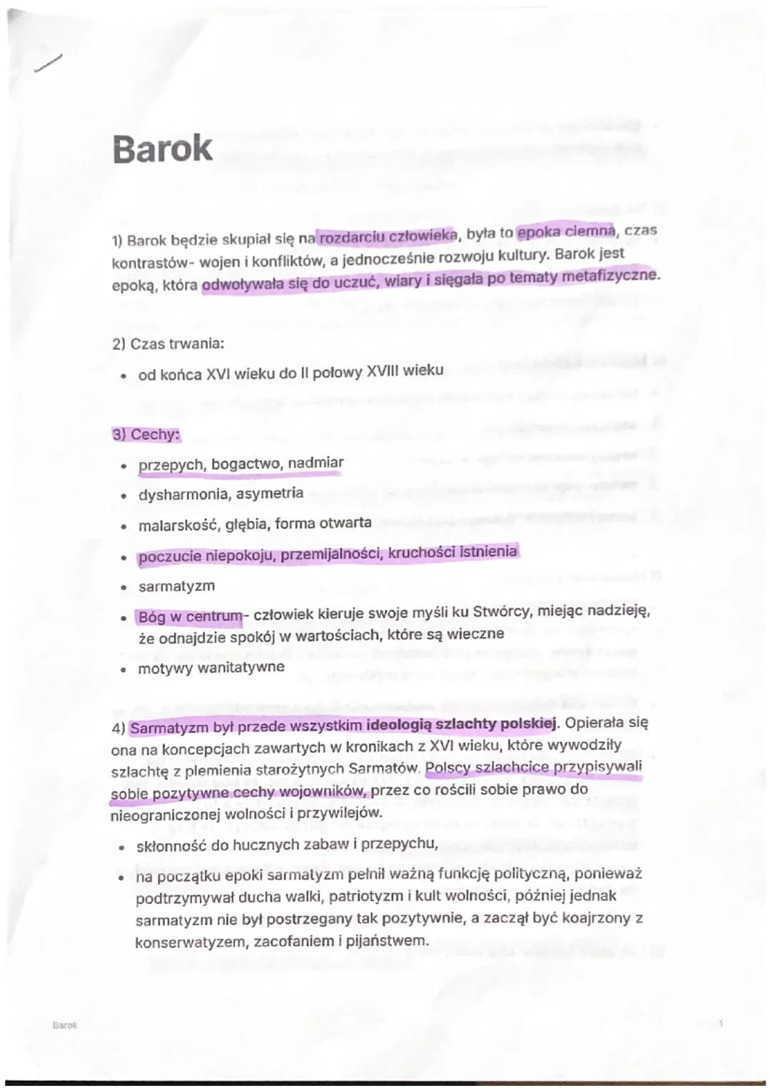 Barok
Barok
1) Barok będzie skupiał się na rozdarciu człowieka, była to epoka ciemna, czas
kontrastów- wojen i konfliktów, a jednocześnie ro