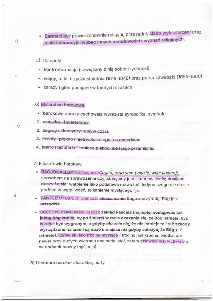 Barok
Barok
1) Barok będzie skupiał się na rozdarciu człowieka, była to epoka ciemna, czas
kontrastów- wojen i konfliktów, a jednocześnie ro