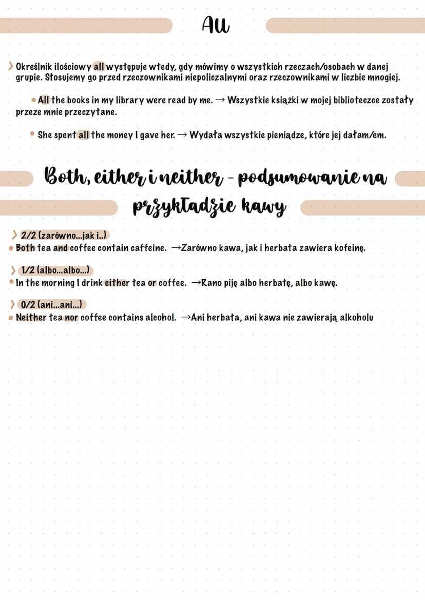 Określniki ilościowe - both,
either, neither, each, all
>Określniki both, either, neither, each, all określają ilość, czyli odpowiadają na p