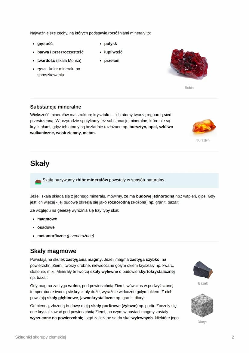 Składniki skorupy ziemskiej
Minerały
Minerałami nazywamy powstałe w naturalnysposób składniki skorupy ziemskiejo określonej
budowie chemiczn