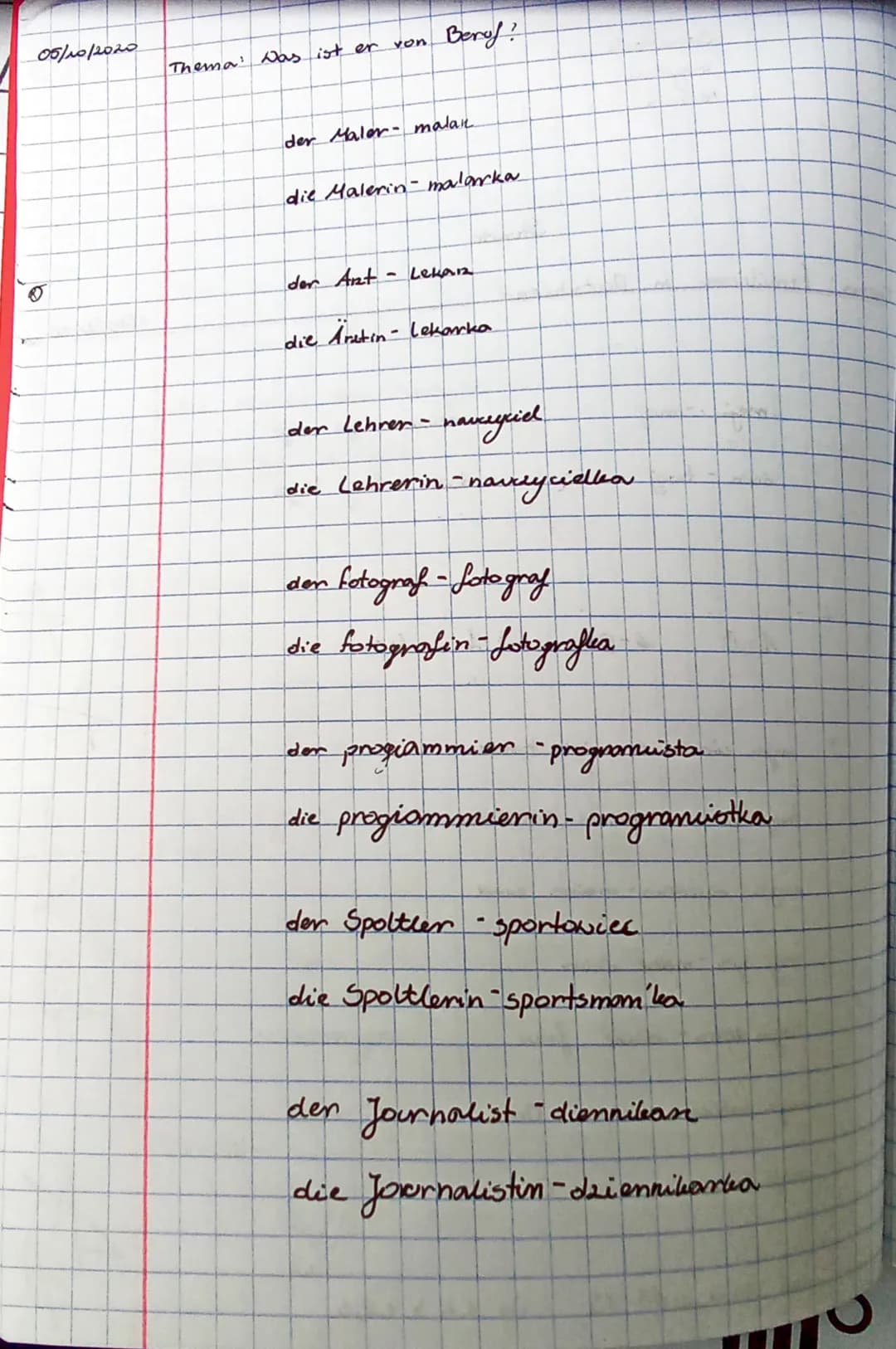 05/10/2020
Ⓡ
Thema: Das ist er von.
Beruf?
der Maler- malan
die Malerin- malarka
der Art - Lekarz
die Ärztin - lekarka
der Lehrer - naveycie