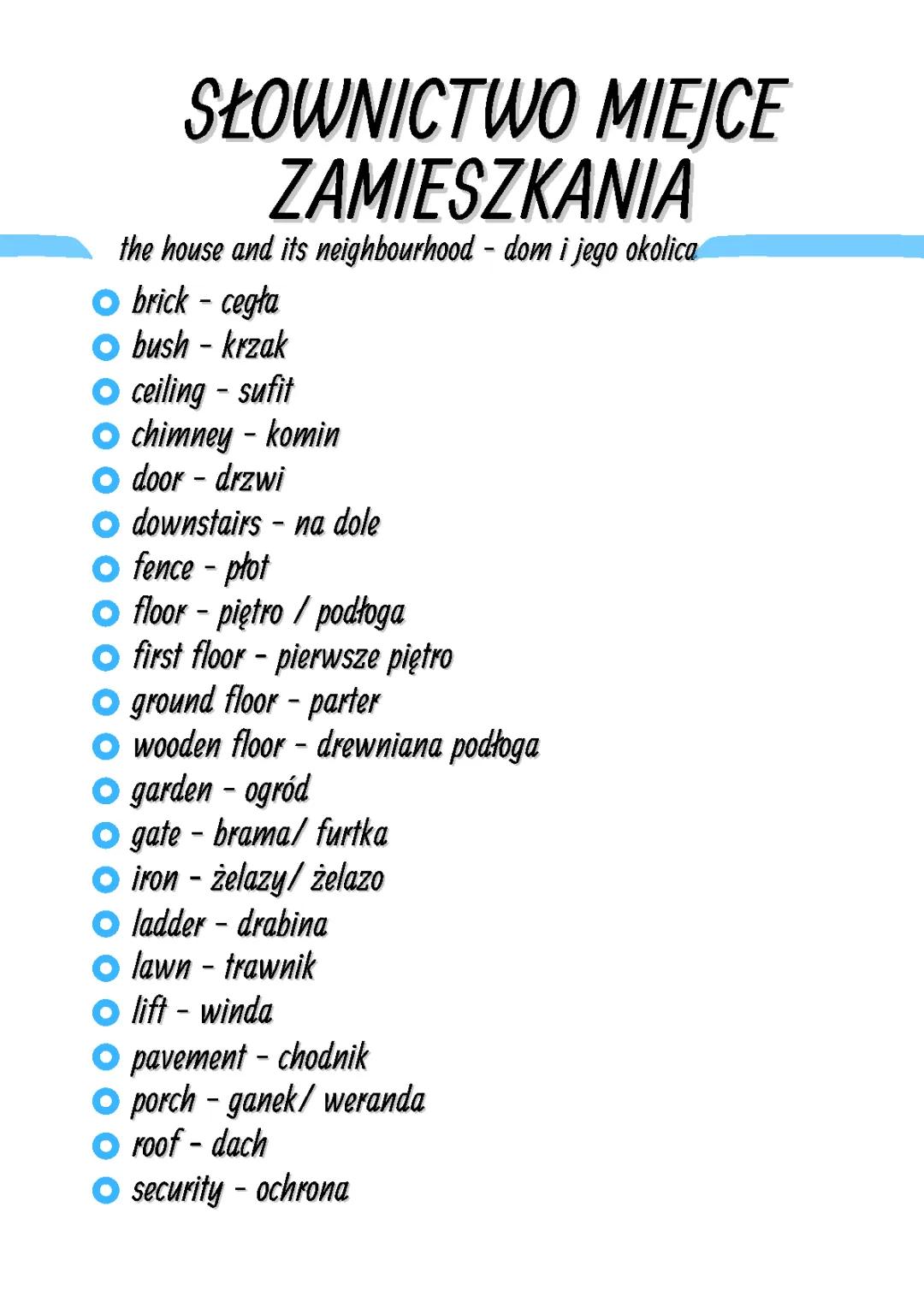 Rodzaje domów po angielsku - ćwiczenia, test, słownictwo pdf