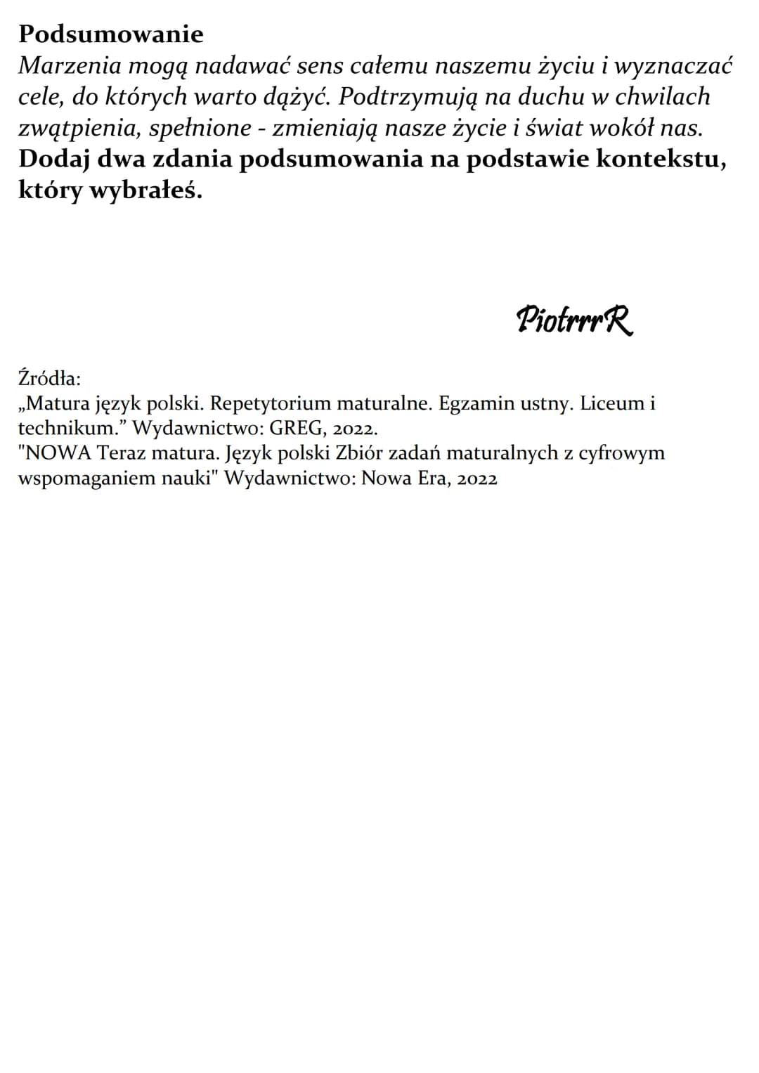 
<h2 id="rozprawka">Rozprawka</h2>
<p>Rola marzeń w życiu człowieka i zbiorowości. Omów zagadnienie na podstawie Przedwiośnia Stefana Żeroms