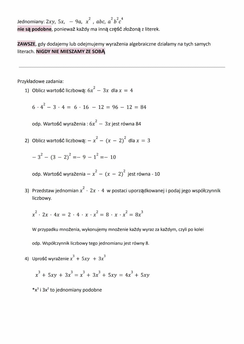 Czym są wyrażenia algebraiczne?
Wyrażenia algebraiczne, to liczby wraz z literami połączone znakiem działania.
Przykład:
2x, 8 + y, a², 2x +
