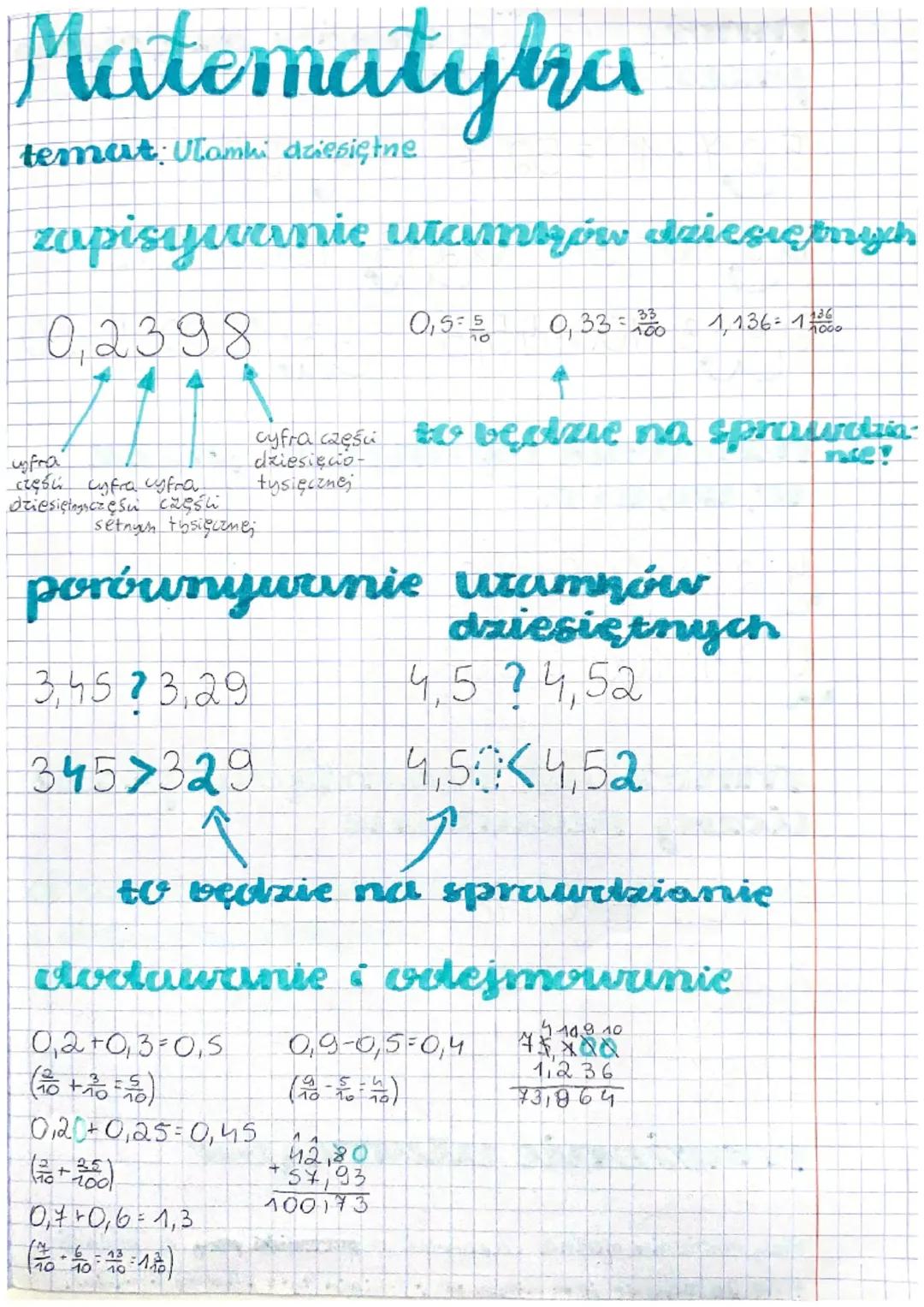 Ułamki Dziesiętne Sprawdzian