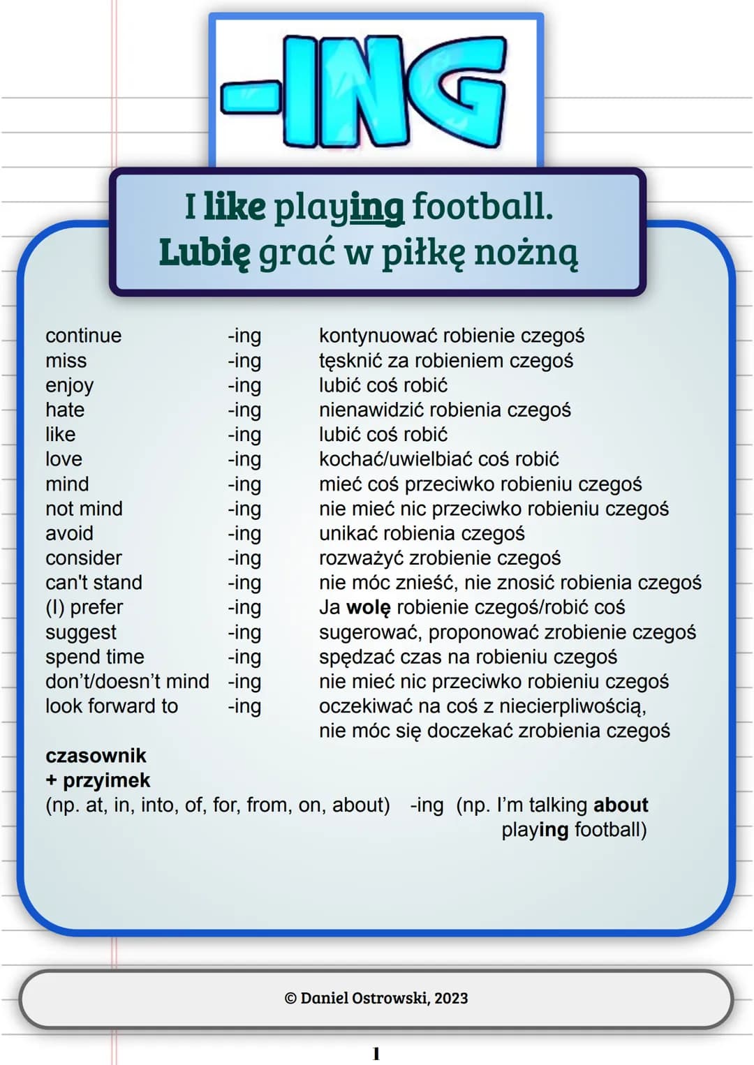 continue
miss
enjoy
hate
like
love
mind
not mind
avoid
consider
-ING
I like playing football.
Lubię grać w piłkę nożną
can't stand
(1) prefe