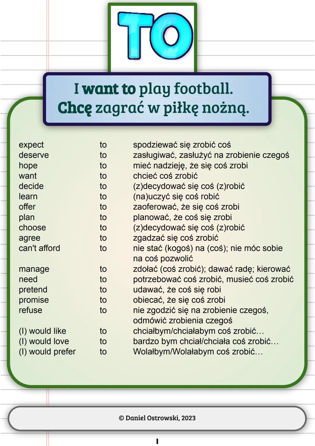 continue
miss
enjoy
hate
like
love
mind
not mind
avoid
consider
-ING
I like playing football.
Lubię grać w piłkę nożną
can't stand
(1) prefe