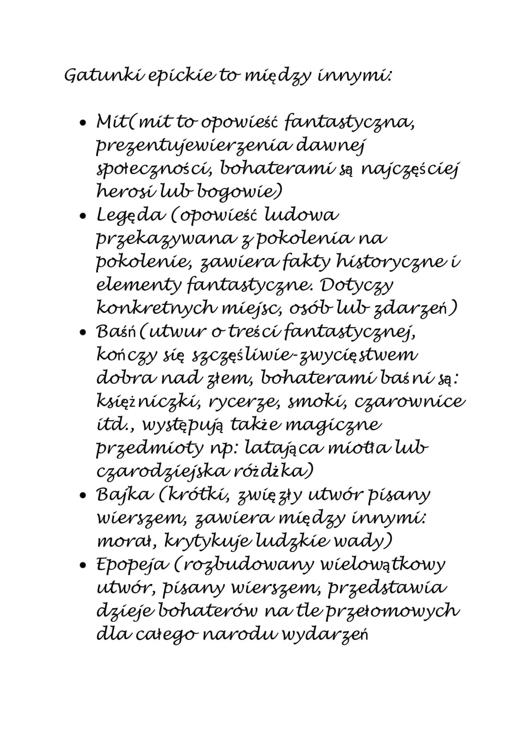 Epika
Cechy epikí:
●
• Świat przedstawiony (ma charakter
fabuty)
• Narrator opowiada o wydarzeniach,
Podstawową formą wypowiedzi jest
narrac