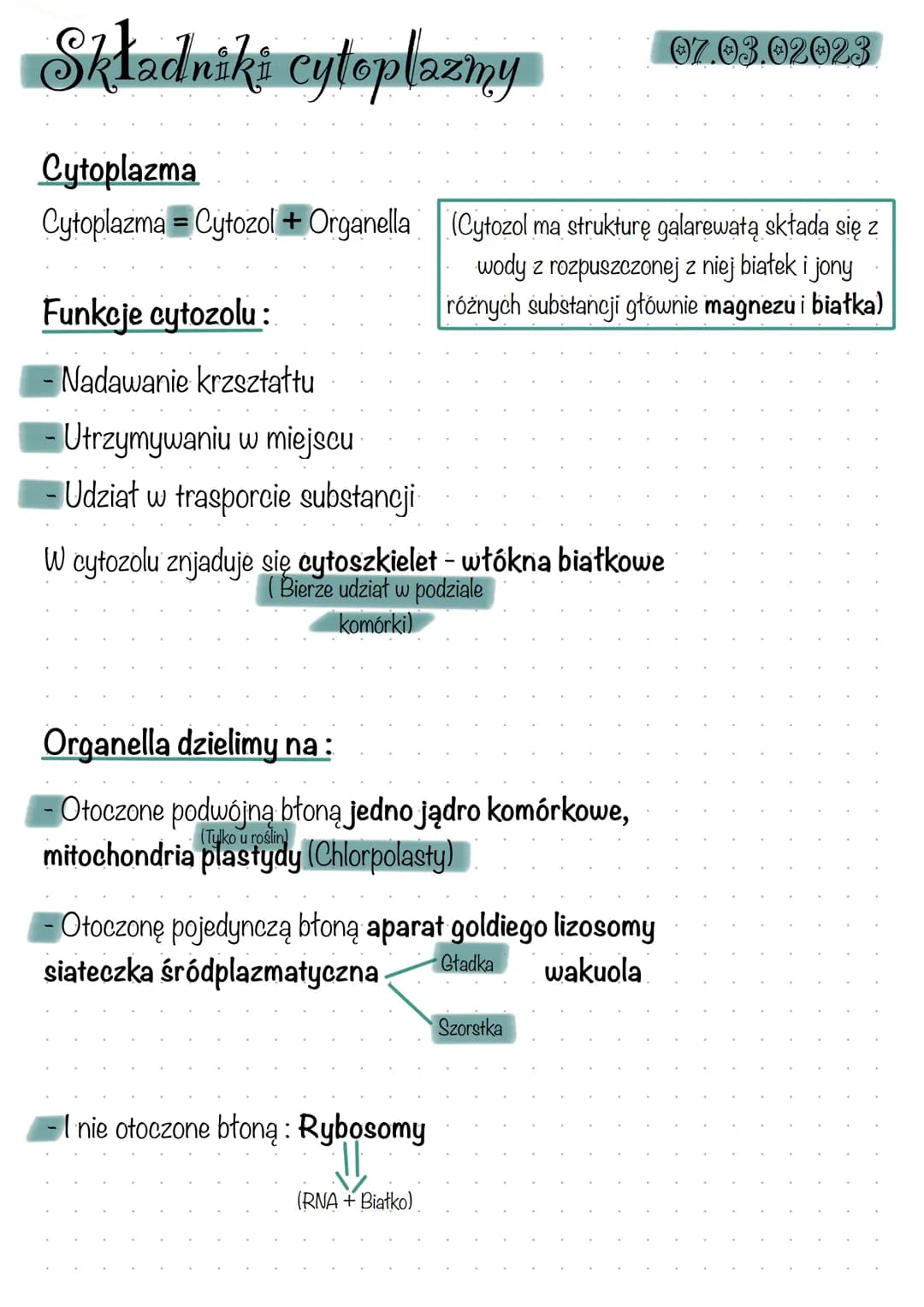 Składniki cytoplazmy
Cytoplazma
Cytoplazma Cytozol + Organella (Cytozol ma strukturę galarewałą składa się z
wody z rozpuszczonej z niej bia