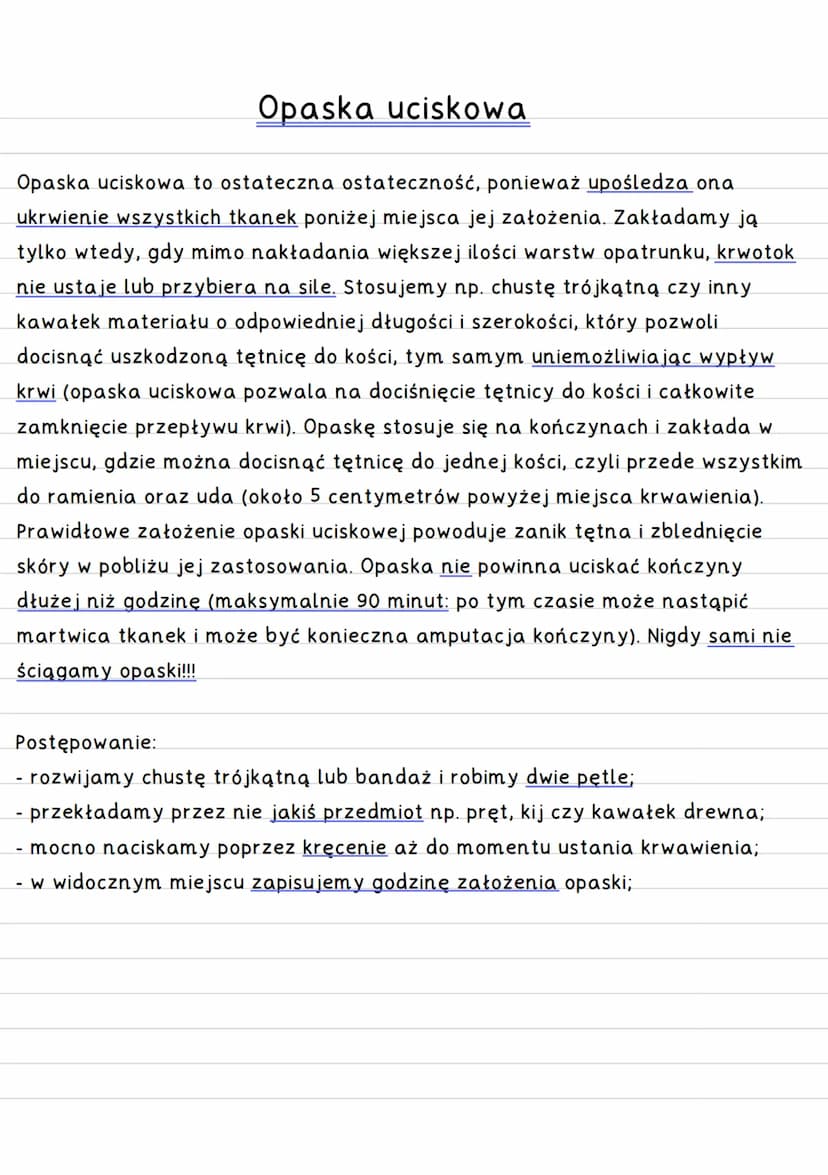 Ciało obce w ranie
Nigdy nie wyciągamy ciała obcego z ciała poszkodowanego - ponieważ działa
ono jak korek → uciska uszkodzone naczynia krwi