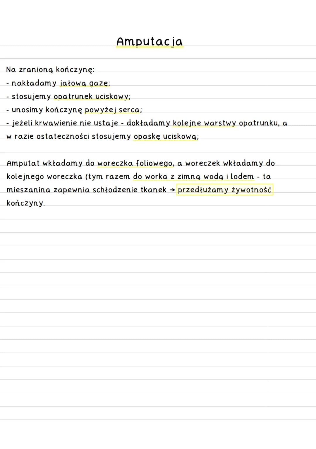 Ciało obce w ranie
Nigdy nie wyciągamy ciała obcego z ciała poszkodowanego - ponieważ działa
ono jak korek → uciska uszkodzone naczynia krwi
