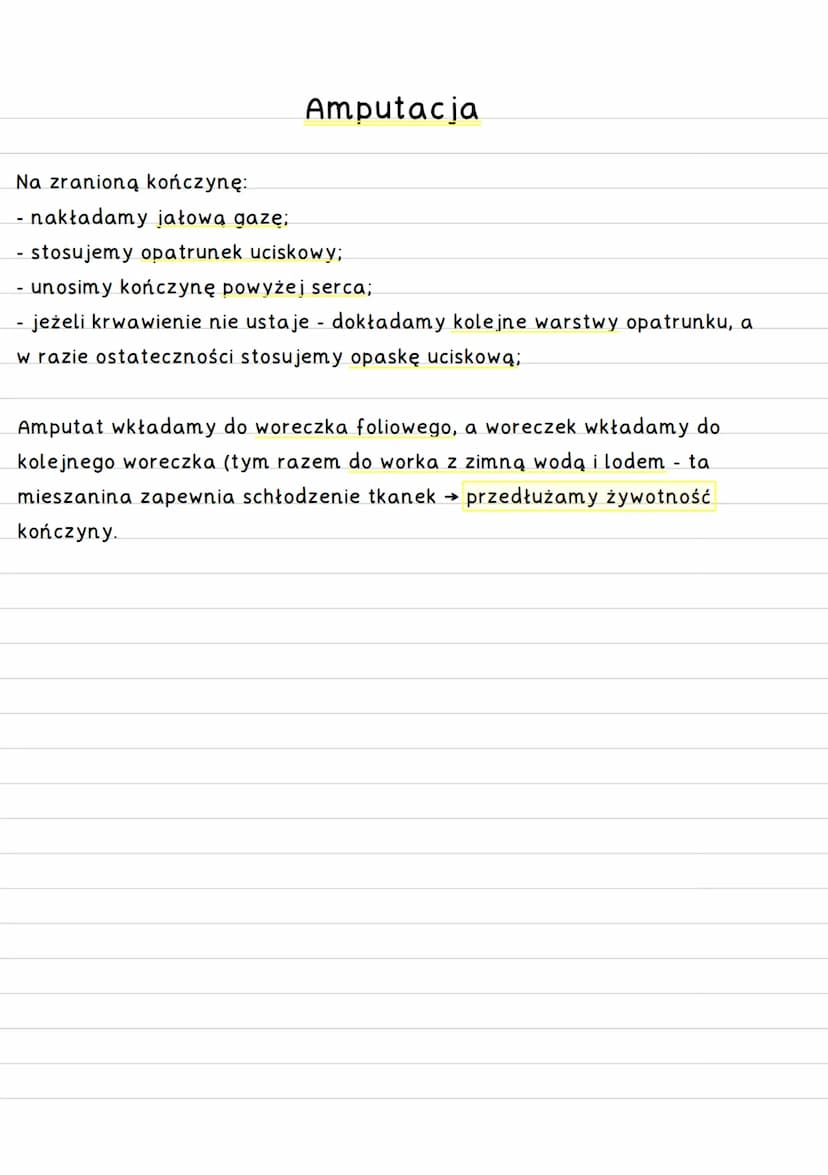 Ciało obce w ranie
Nigdy nie wyciągamy ciała obcego z ciała poszkodowanego - ponieważ działa
ono jak korek → uciska uszkodzone naczynia krwi