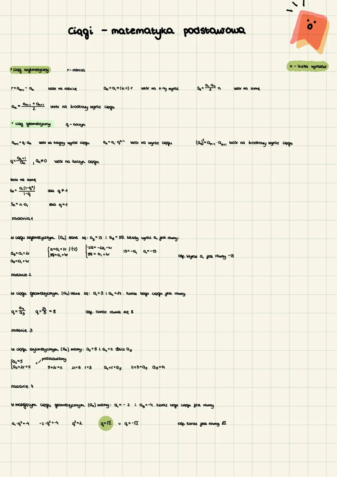 •cing arytmetycony
--
a
On-1 +On+!
aq.an
• ciag geometrycony
q=-anti
5n =
Weor na sume
9, (1-9)
1-9
Sn=na
zadania 1
190
Az = Q₁+25
a=Q₂ +4
z