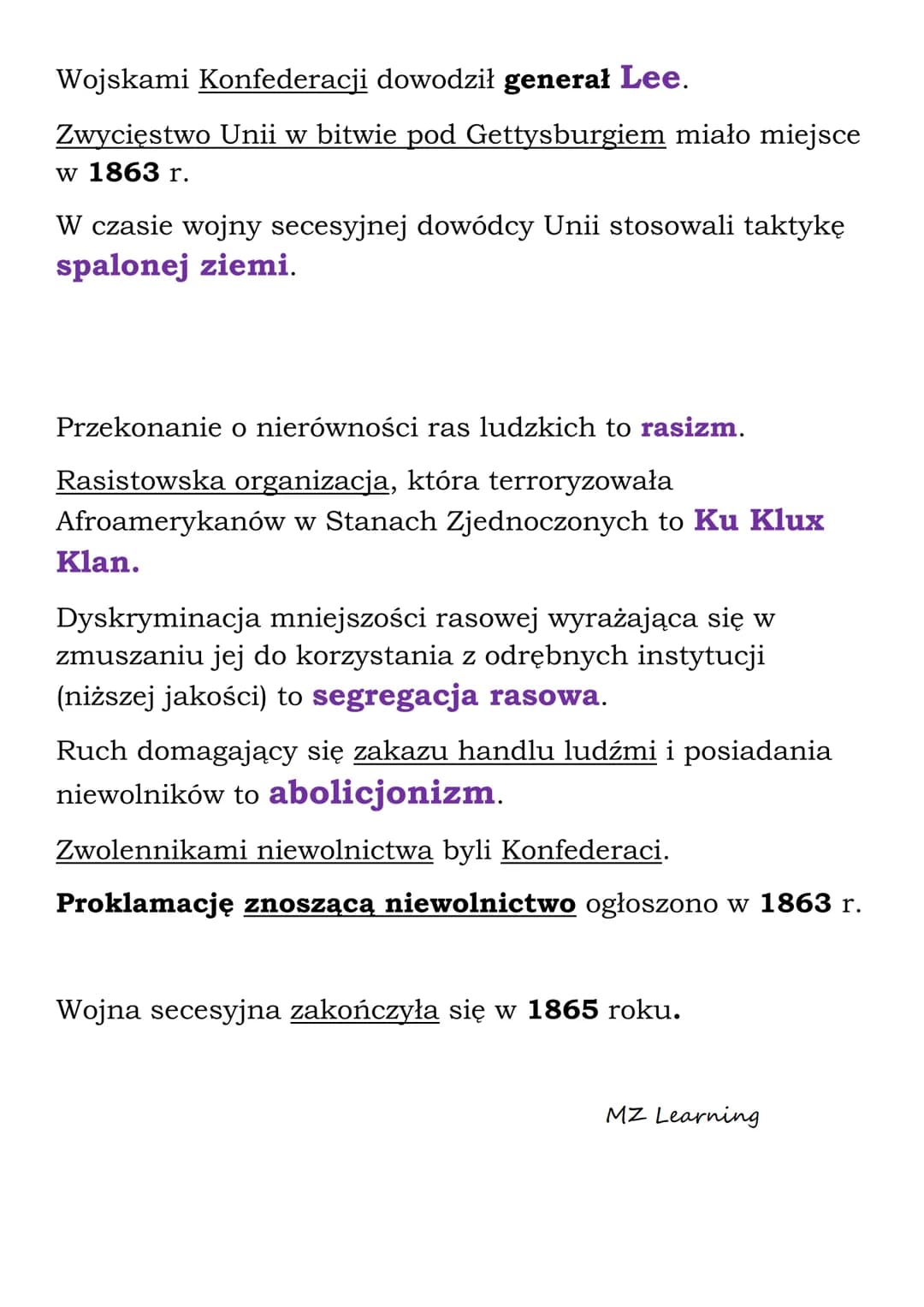 Wojna secesyjna (1861-1865)
Państwo, które składa się z autonomicznych części to
federacja.
Północ podczas wojny secesyjnej nazywano Unią.
M