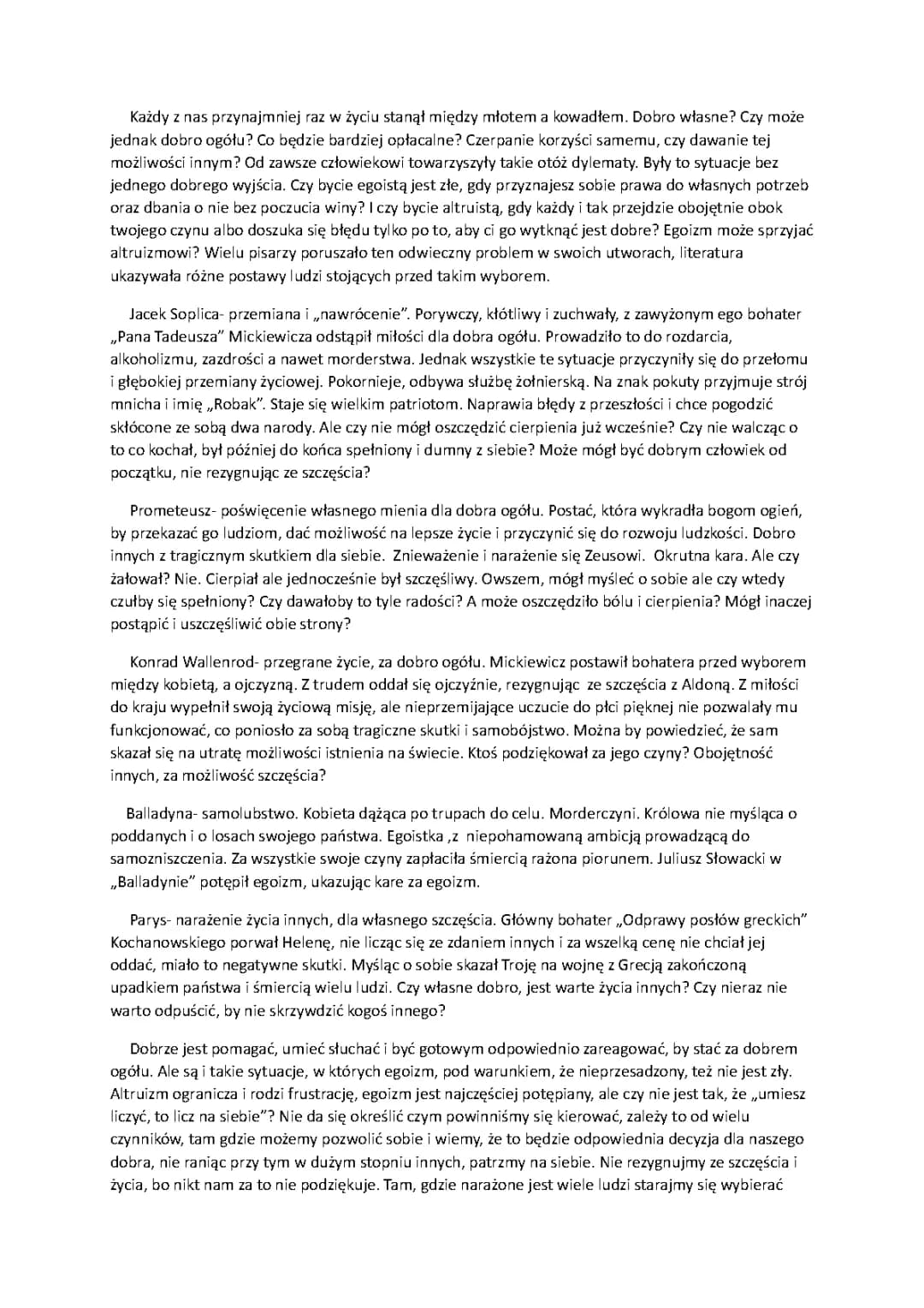 Rozprawka: Dobro własne czy dobro ogółu? - Przykłady z literatury