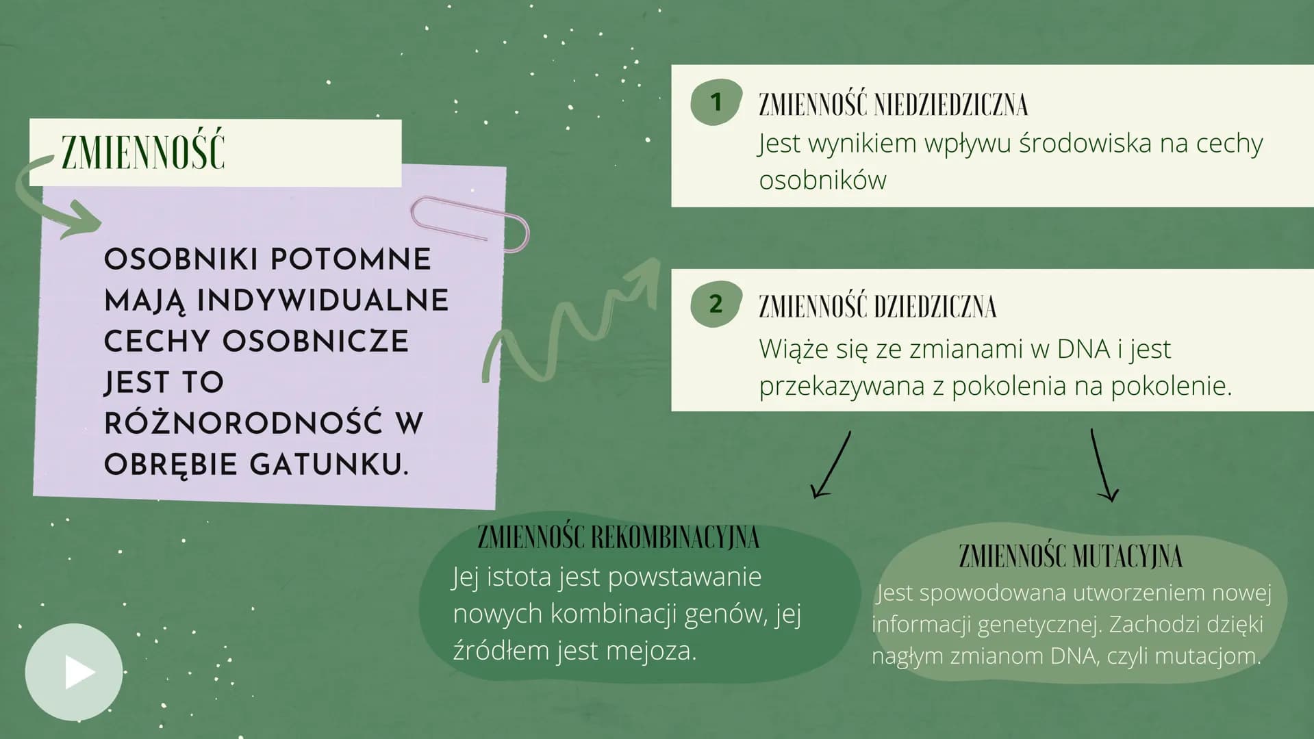 MUTACJE GENETYCZNE ZMIENNOŚĆ
OSOBNIKI POTOMNE
MAJĄ INDYWIDUALNE
CECHY OSOBNICZE
JEST TO
RÓŻNORODNOŚĆ W
OBRĘBIE GATUNKU.
M
✓
1 ZMIENNOŚĆ NIED