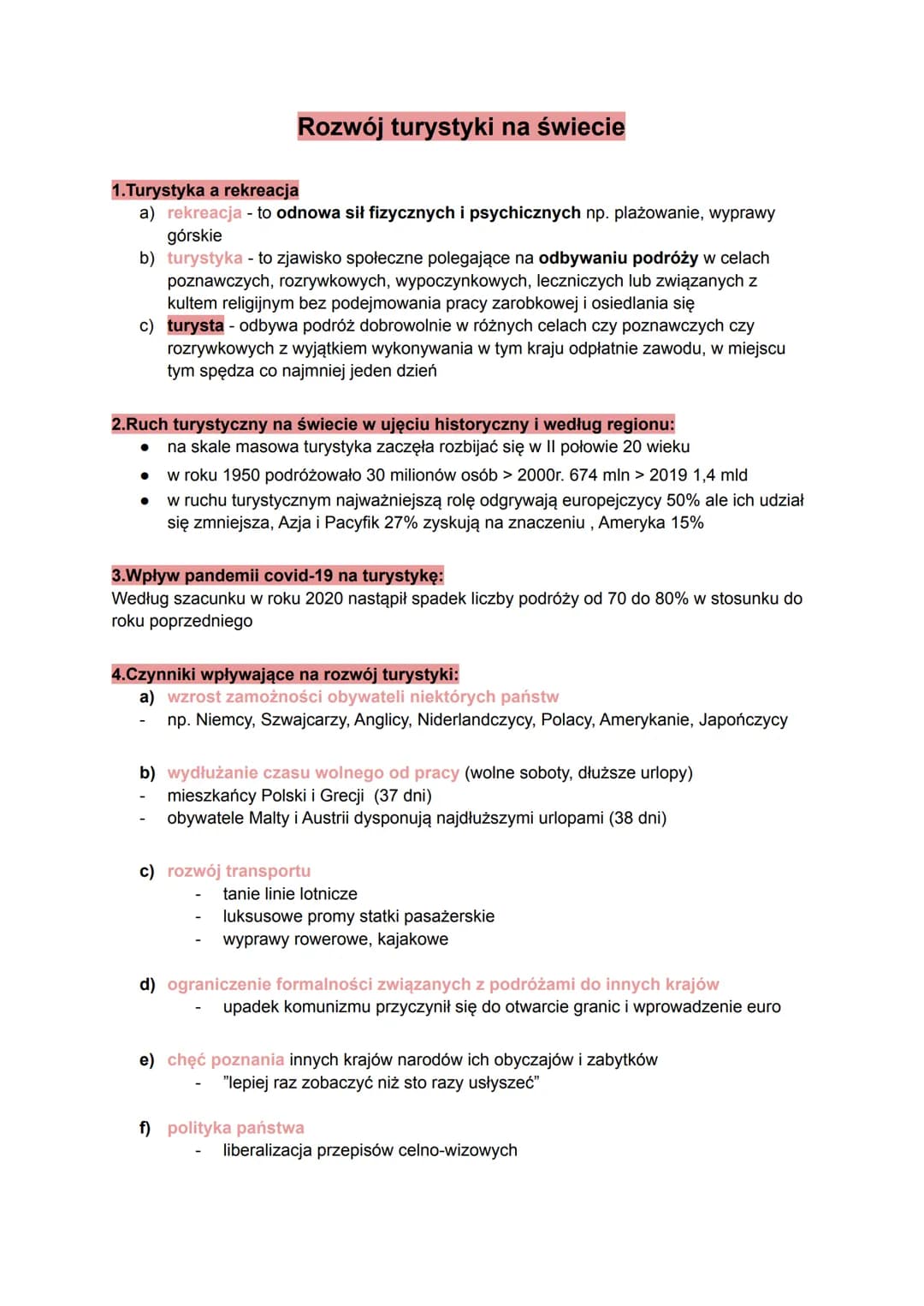 Rozwój turystyki na świecie
1.Turystyka a rekreacja
a) rekreacja - to odnowa sił fizycznych i psychicznych np. plażowanie, wyprawy
górskie
b