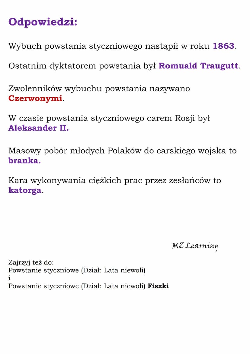 Powstanie styczniowe
(Dział: Lata niewoli)
Quiz
Pytania:
Wybuch powstania styczniowego nastąpił w roku
1864.
1831.
1863.
Ostatnim dyktatorem