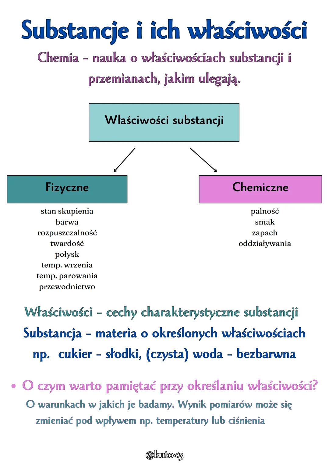 Substancje i ich właściwości
Chemia - nauka o właściwościach substancji i
przemianach, jakim ulegają.
Fizyczne
stan skupienia
barwa
rozpuszc