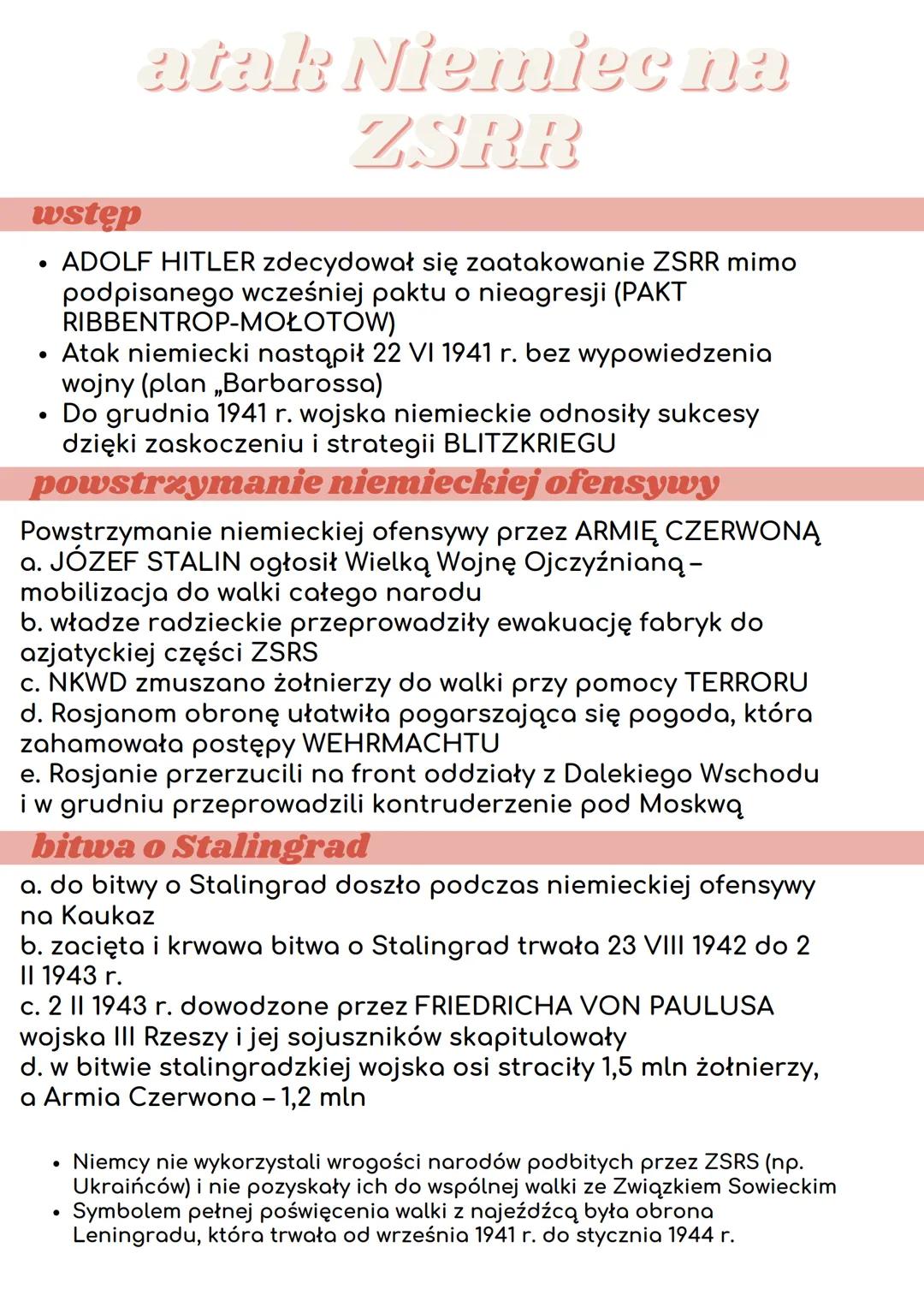 atak Niemiec na
ZSRR
wstęp
• ADOLF HITLER zdecydował się zaatakowanie ZSRR mimo
podpisanego wcześniej paktu o nieagresji (PAKT
RIBBENTROP-MO